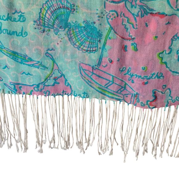 Lilly Pulitzer Retired Murfee‎ 2012 Scarf Turquoise Pink Cape Cod Island Silk - Picture 2 of 11